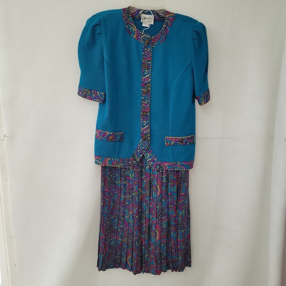 Jeffrey & Dara Skirt‎ Suit Women 11/12 Petite Teal Paisley Vintage 2pc Set USA